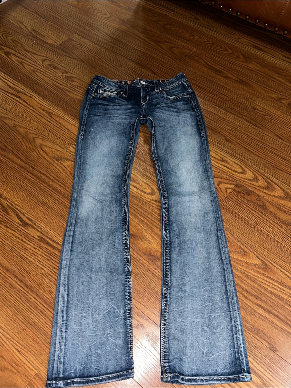 Rock Revival Sora Boot Women's Blue Denim Jeans Size 30 Faded Wash With Bling!